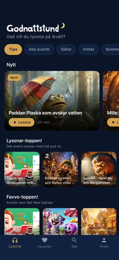 Godnattstund-appens startvy med nya avsnitt och lyssnartoppen