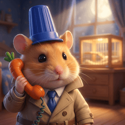 En söt hamster i trenchcoat och blå hatt håller en morot som telefon i ett varmt, mysigt rum.