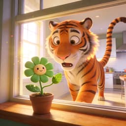 En nyfiken tiger tittar förvånat på en liten blomma i ett soligt kök.