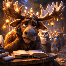 En sorgsen älg med krona sitter vid en uppslagen bok i en magisk skog, omgiven av små djur och varma lyktor.