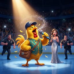 En glad kyckling med glittermikrofon sjunger på en ishockeyrink medan en förvånad sångerska och två poliser ser på.
