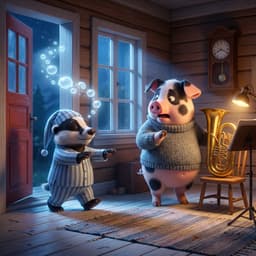 Två gulliga djur i pyjamas står i en varm stuga med månsken utanför och en stor tuba bredvid sig.